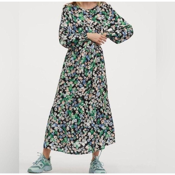 H&M Dresses & Skirts - H&M Dress Womens M‎ Multicolour Floral Round Neck Long Sleeve Maxi Relaxed Fit
